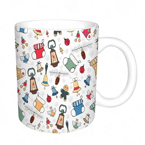 KDWJS Tasse Keramik Kaffeetassen Große 11oz Tassen 330ml Trinkgläser Mit Griff Personalisierte Geschenk Weiß,Neujahr Weihnachten Winterferien Muster mit Geschenken Süßigkeiten Weihnachtsbaum und Spie