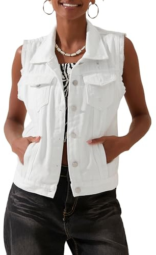 SANSIWU Womens Vintage Washed Denim Vest Solid Color Sleeveless Lapel Button Down Jean Waistcoat Lightweight Cardigan Jacket Tank Tops (White A, XL)