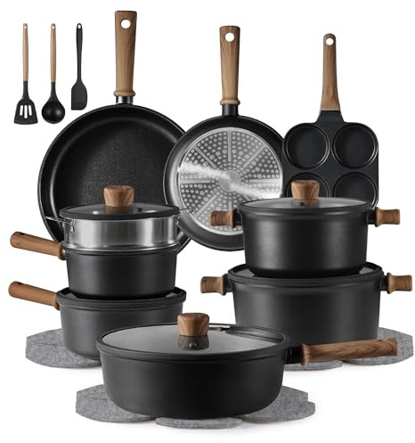 CAROTE 24Pcs Nonstick Kitchen Titanium Cookware Sets, Non stick Pots and Pans set, Induction Cookware Set Black