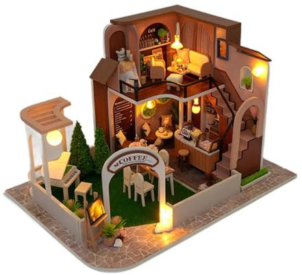 TingHaoO Handgefertigtes Café-Bauset aus Holz, kleines Haus mit Möbeln und LED-Licht, Bauset für Hobbyisten