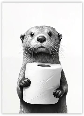 LunarCharm Décoration Murale Salle de Bain Affiche Drôle Papier Toilette dans la Main d'une Petite Loutre Amusante, sans Cadre - 20 X 30 cm