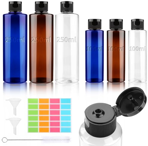 TXXATX 6 st. reseflaskor för fyllning 100 ml resestorlek behållare 250 ml påfyllningsflaskor transparent blå brun plastflaska set med tratt återanvändbar för schampo duschgel resor