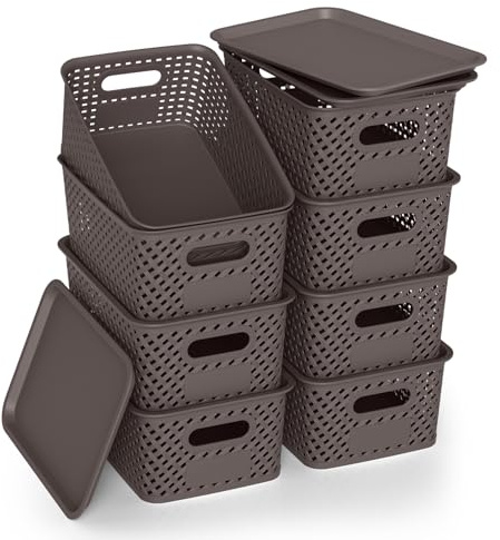ZFTMRR Plastic Storage Bins with Lid, Stackable Small Box Basket for Organizing and Containers for Shelves Drawers Desktop Closet Playroom Pantry Classroom Office Home, 8-pack 10.2x7.2x4.1 Inch, Brown