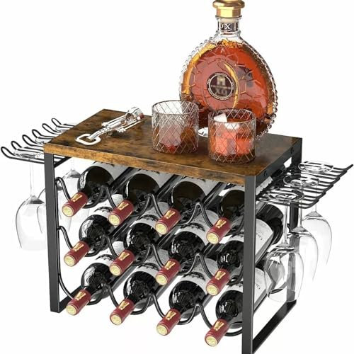 Awoyep Weinregal Holz Arbeitsplatte Flaschen Organizer: Kleine Barregal Retro Bar Regale Flaschenregal Lagerung Halter Countertop Wine Regal für Hausbar Weinaufbewahrung Mini Bar (Schwarz)