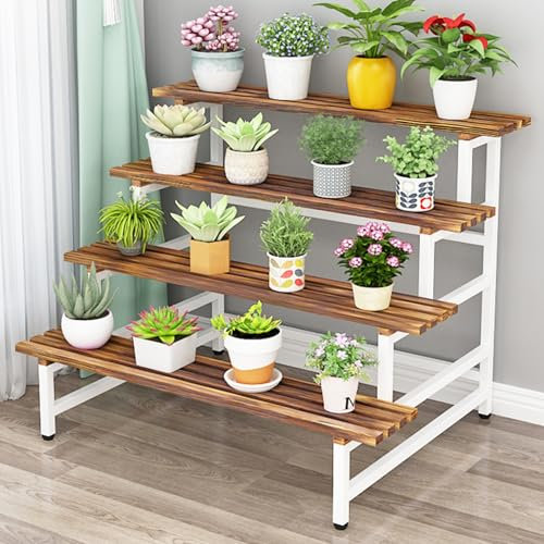 WPWSDWMX Support Plantes en Bois a 4 Niveaux avec Structure Métallique Robuste, pour Plusieurs Plantes, Jardinières d'angle Hautes, pour Véranda de Jardin(White,120cm/47in)