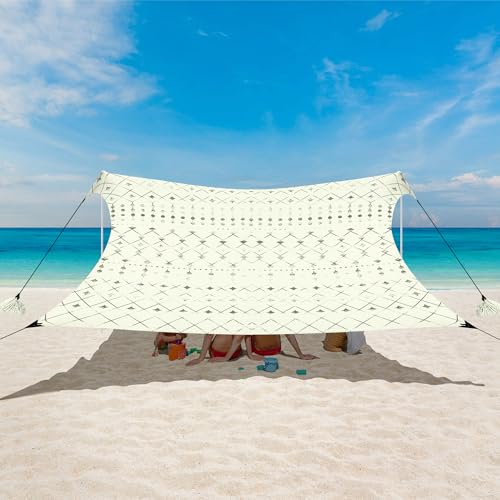 Strandzelt Sonnenschutz Strandmuschel UV-Schutz UPF 50+ 3x3m Tragbarer Sonnenschutzzelt - Für Strand/Outdoor，Camping & Garten -Inkl. Sandsäcke, Stangen & Windseile-Schnellaufbau für Picknick, Angeln