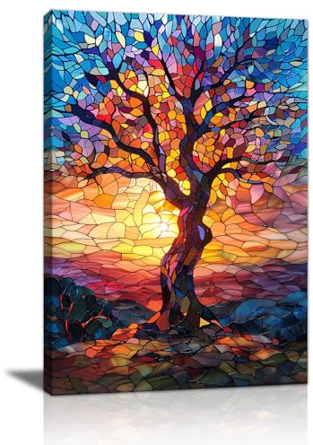 Arbre de Vie Coloré Tableau Décoration Murale Salon, Abstrait Crépuscule Paysage Poster Mural Impression Sur Toile Orangers Bleus Peinture Affiche Mural Décor pour Chambre Bureau Salle de Bain 30x40cm