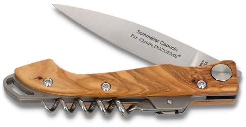 Claude Dozorme Couteau Sommelier Capucin - Taschenmesser - Griff Olivenholz - Edelstahl matt - Korkenzieher - Weinmesser Kellnermesser