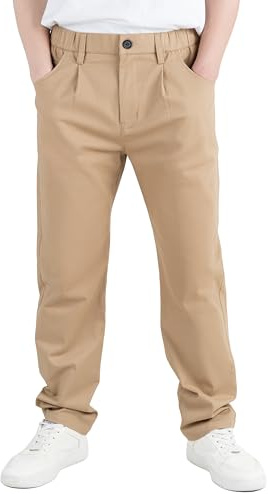 CAMLAKEE Boys School Trousers Kids Chino Pants Straight Uniform Pull on Soft Bottoms Elastic Waist with Zip and Button Closure Khaki UK 10-11 Years Label Size 150
