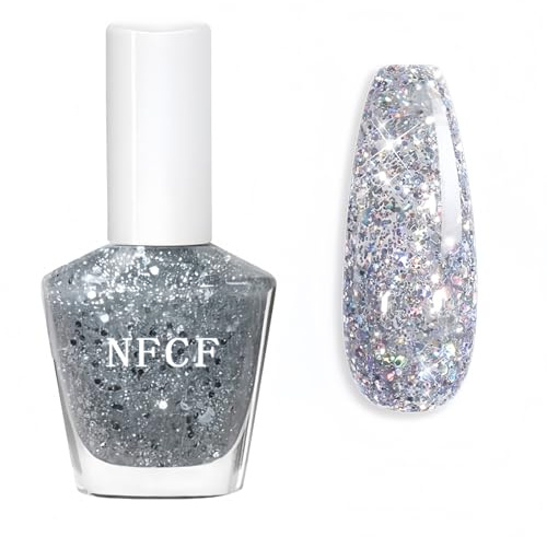 Nail Polish, Quick Dry Sparkly Silver Glitter Varnish, Flash Shiny Color Reflective Clear Glitter, Long-lasting No Need Baking Easy to Apply for Women