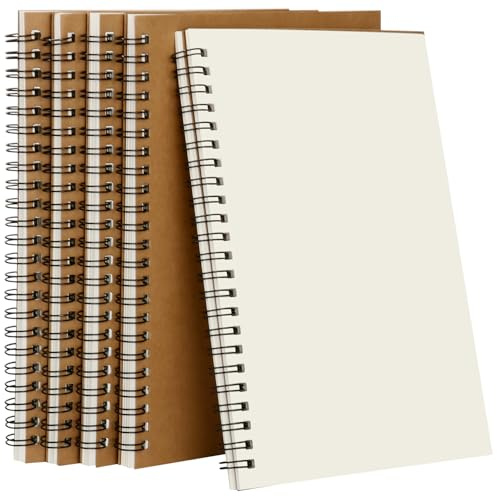 Ixydor Lot de 5 A5 Cahier à Spirale, Cahier Page Blanche A5, Notebook Carnet Dessin, Kraft Couverture, 60 Feuilles/120 Pages par Bloc, 80 g/m², Bloc Note Idéal pour Écriture École et Bureau