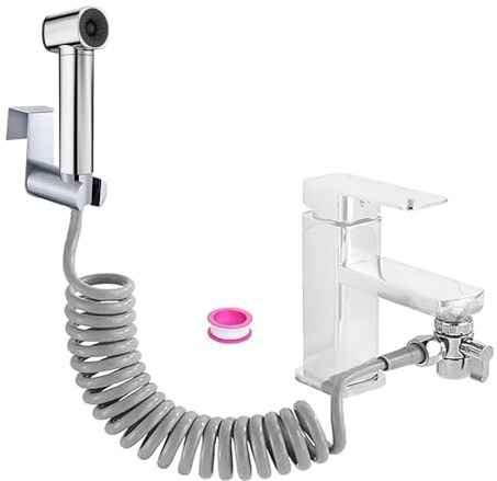 Ensemble de douchette pour bidet, accessoire de bidet de salle de bain avec distributeur de robinet, crochet de tuyau à ressort,hygiène de la salle de bain et nettoyage des couches, argent