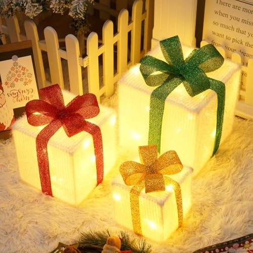 Lypumso Set di 3 Pacchi Regalo Luminosi Natale, 50Leds Scatole Regalo di Natale 8 modalità con Telecomando e Timer, Batteria, LED Scatole Natalizie Regalo Luminose per Decorazioni Natalizie, Albero