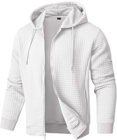 JMIERR Kapuzenjacke Herren reißverschluss Hoodie Langarm Waffel Hoody Jacke Herren Sweatshirt mit Taschen Weiß L