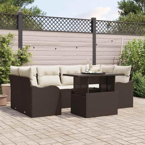 Teenpull Trädgårdssockset 7 delar, brun, tillverkad av poly rotting, modulär utomhus loungesoffa 100 x 55 x 73 cm för terrass, balkong, trädgårdsmöbler med justerbara fötter