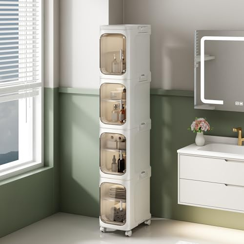 NETEL Stapelboxen, Plastikbox mit Deckel,aufbewahrungsschrank，badezimmerschrank schmal，badschrank，badmöbel，toilettenschrank，eckschrank，hochschrank badezimmer，4 Stück