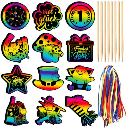 36 Stück Silvester Spiele Kratzbilder,Glücksschwein Kleeblatt Kratzpapier Silvester | Silvester Kratzbilder,Happy New Year Kratzpapier Feuerwerk,Glücksbringer 2026,Silvester Basteln und Zeichnen