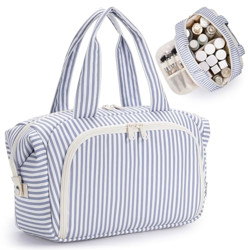 Narwey Large Toiletry Bag, Travel Toiletries Bags for Women, Wash Bag Women, Wide Open Makeup Bag with Brush Compartments, Make Up Organizer with Wet Pockets for Essentials (Grayish Blue Stripe)