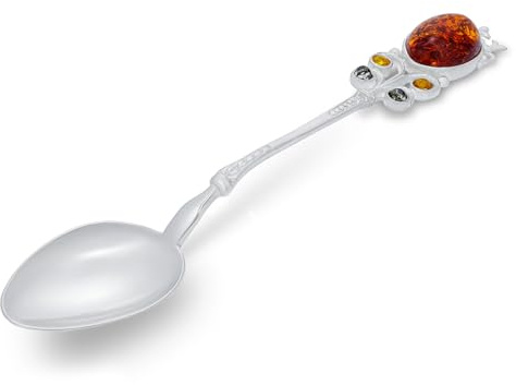 AMBEDORA Cuchara de plata Windsor con ámbar, plata de ley brillante, ámbar báltico en tres colores, 12,7 cm de largo