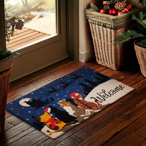 BRUBAKER Weihnachtsfußmatte - Welcome Katzen im Schnee - Weihnachten | Fußmatte für Außen & Innen - 45 x 75 cm Schmutzfangmatte aus Kokos - Antirutsch Fußabtreter Wetterfest & Rutschfest