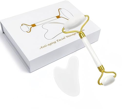 Outil Gua Sha Outil de massage Guasha 100% pierre de jade naturelle pour les soins du visage, soulagement des rides, traitement du gonflement des yeux, spa du dos (rouleau blanc et Guasha)
