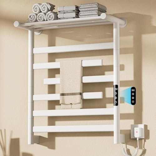 Scaldasalviette Elettrico Bagno Bianco, Portasciugamani Elettrico con Barre Girevoli 180°, 66x55cm 350W Scaldasalviette Elettrico con Ripiano, Temperatura Regolabile 30-70℃, Temporizzazione 0-9 ore