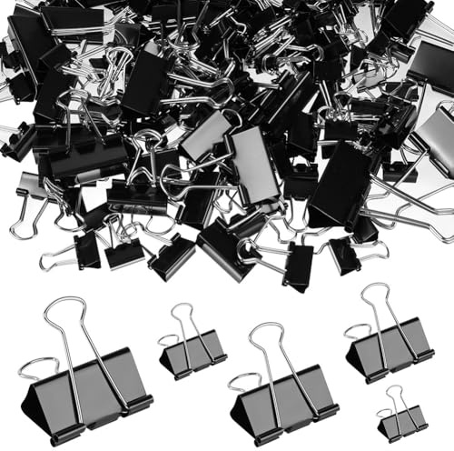 AOOSU 185 pezzi Clip Pieghevoli in Metallo, 15mm/19mm/25mm/32mm/41mm Clip per Raccoglitori, Metallo Foldback Clips, Foldback Clips, per Scuola, Ufficio e Famiglia (Nero)
