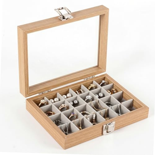 Gykutix 24 Compartiments Boite a Bijoux et Bagues, Boite a Boucle d'oreille en Bois, avec Couvercle en Verre Transparent, Boîte de Collection de Roches, Présentation pour Gemmes, Cristaux, Bijoux