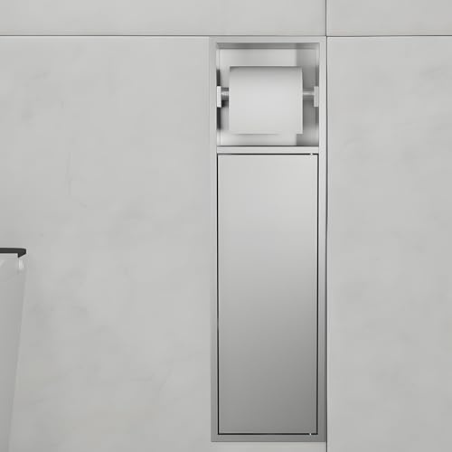 Porte-papier toilette intégré en acier inoxydable et porte-brosse WC étanche avec étagère à déchets intégrée, parfait pour cuisine/salon/hôtel Gris acier 16 x 60 x 12,5 cm