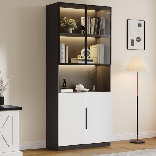 Glasvitrinskåp med LED, 80 x 30 x 200 cm, stående vitrinskåp – 4 dörrar med bänkskiva, bokskåp med glasdörrar, vitrinskåp för vardagsrum, arbetsrum, kontor (D)