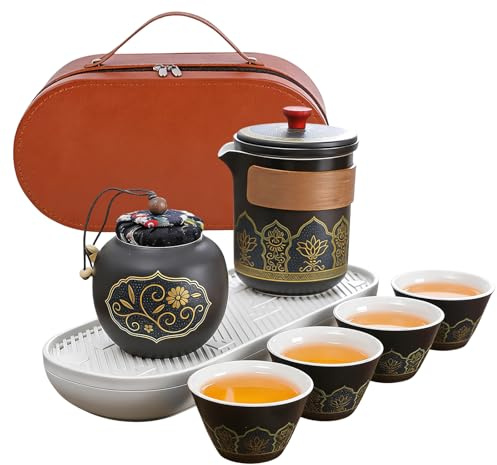 Juego de té japonés, juego de té chino portátil, juego de té japonés Kung Fu con bolsa de viaje, 1 tetera (270 ml) + 1 tetera (45 g) + 4 tazas de té (40 ml) para viajes y hogar