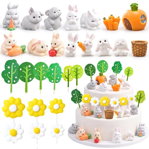 Figurines Lapins Miniatures - Décoration pour Gâteau de Pâques, Jardin Féérique, Terrarium - Cadeau Anniversaire, Fête de Printemps, Décoration Maison (Cake topper 3)