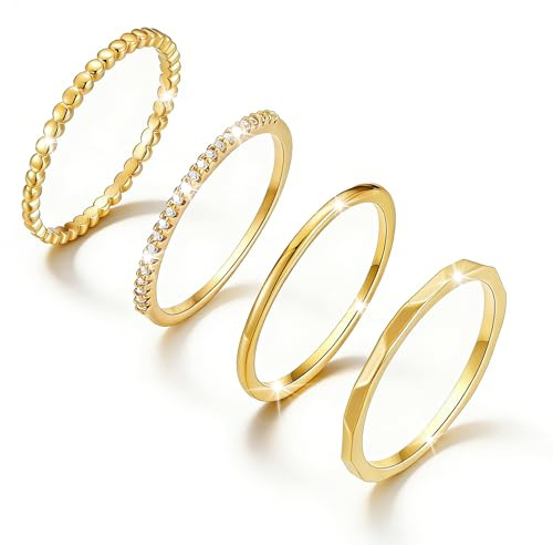 Lunvky Sterling Silver Stacking Rings for Women Girls 14K Gold Plated Ring Non Tarnish Thin Trendy Stackable Dainty Finger Pinky Thumb Wedding Band Rings Set Jewellery Gifts Gold Dot Size 9