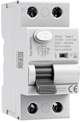 Interruttore Differenziale Magnetotermico 25A 30mA AC230V 2P Magnetotermico Differenziale Tipo F 6kA, per carichi monofase a frequenza variabile condizionatori d'aria lavatrici pompe idrauliche GYL9