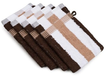 Gözze - New York Streifen Waschhandschuh, 4er Set, Weicher und saugfähiger Waschlappen, 100% Baumwolle, 17 x 24 cm - Marone/Weiß/Mocca
