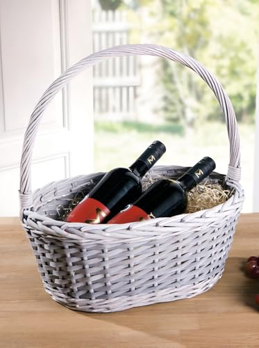 Dekoleidenschaft Geschenkkorb aus Weide geflochten, grau, mit Zopfrand, Einkaufskorb, Präsentkorb, Flechtkorb, Weidenkorb, Dekokorb, Geschenkekorb, Tragekorb, Picknickkorb