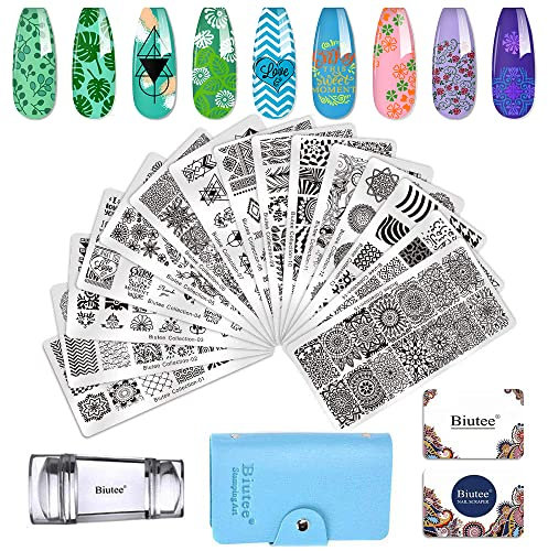 Biutee Nail Art Stamping 15pcs Plantillas para Uñas, Estampacion Uñas para Manicura para Manicura Decoración de Uñas , 1 pcs Estampador , 2 pcs Rascador , 1 pcs Bolsa para Placas