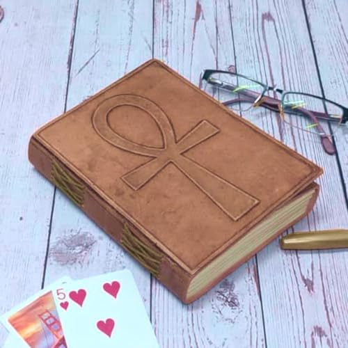 Purpledip Leather journal (dagbok anteckningsbok) 'Ankh Cross - livets andet': Handgjorda papper i läderomslag för företagsgåva eller personlig memoir (11324)