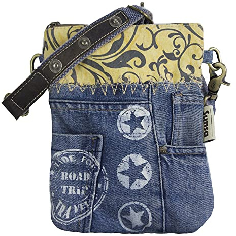 Sunsa Damen Umhängetasche Kleine Bag aus Canvas & Recycelte Jeans gelb/blau | Nachhaltige Jeanstasche. Crossbody Bag für City Freizeit Festival und kleine Ausflüge. Damentasche als Geschenk für Frauen