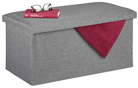 Relaxdays Sitzbank mit Stauraum, Leinen-Optik, gepolstert, Flur, Schlafzimmer, Truhenbank, HBT 38 x 76,5 x 38,5 cm, grau