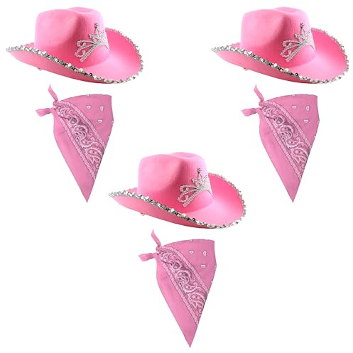 Cowboy-Zubehör-Set für Erwachsene, Rosa, 3 Stück, rosa Cowboyhut mit angenähtem Diadem + passendem Paisleymuster, für Damen, Junggesellinnenabschied, Cowgirl, Western-Kostüm, Zubehör-Set