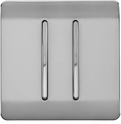 Trendi 2 Gang (2 Way & 3 way Intermediate) 240V Screwless Raised Front Plate Plastic Artistic Modern Glossy 10 Amp Chrome Rocker Double Electrical Wall Light Switch Brushed Steel - ART-SS29BS