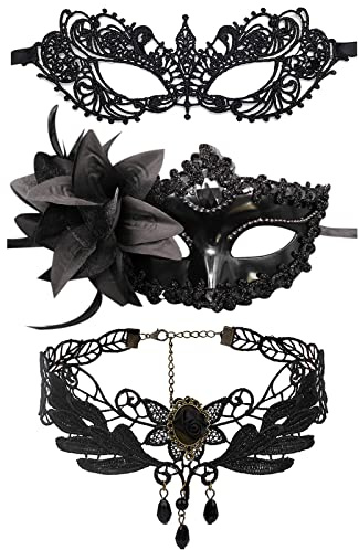 JewelryWe Schmuck 3 PCS Choker Halsband Halskette Set Schwarz Stretch Samt Classic Gothic Quasten Tattoo Spitze Choker Halsketten Ketten für Damen Mädchen