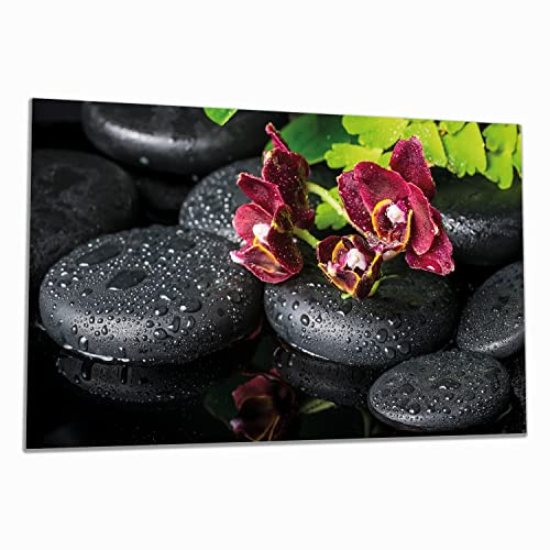 Wallario Herdabdeckplatte/Spritzschutz aus Glas, 1-teilig, 90x52cm, für Ceran- und Induktionsherde, Dunkelrote Orchideen-Blüte auf schwarzen Steinen mit Regentropfen