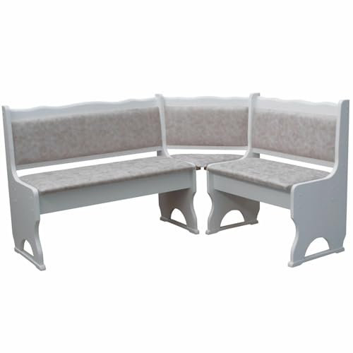 k koma Eckbank aus massiver Kiefer in Weiß – Komfortabel gepolstert mit Ökoleder Beige II – Stilvoll & langlebig – NEU (120 x 180 cm)