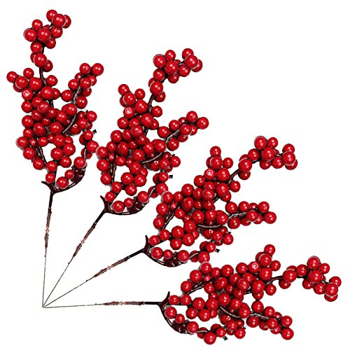 20 Stück Künstliche Rote Stechpalmen Beeren - Holly Berry Beerenzweig für Christbaumschmuck und Weihnachtskranz - Dekorative Zweige mit Beeren
