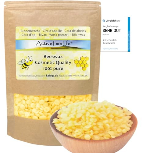 ActiveTimeLife® Bienenwachs Pastillen gelb | Premium | 900 g ideal für Kosmetik Kerzen Cremes Salben Seifen Wachstücher - Das Original im praktischen Zip-Beutel
