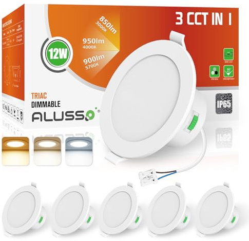 ALUSSO IP65 LED Downlights Ceiling Dimmable 12W 960LM LED Recessed Ceiling Spot Lights 3000K Warm 4000K Neutral 5700K Cool Adjustable Spotlights Ceiling Lights for Bathroom Kitchen, White, 6 Pack