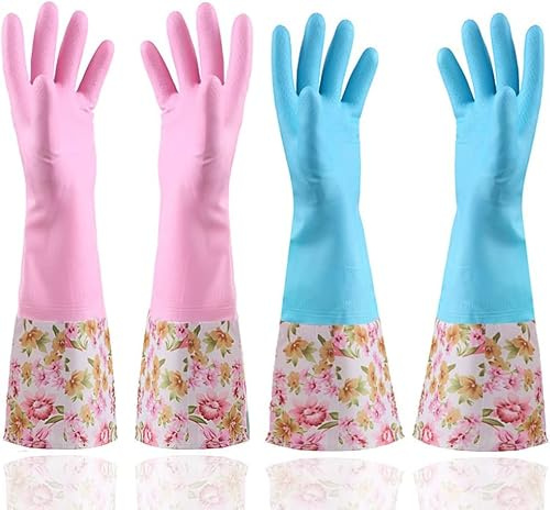Beasert Gummi Haushaltshandschuhe, Latexfrei Wasserdichte Geschirrhandschuhe, Putzhandschuhe mit Manschettenfutter Innenfutter Langarm (Mittlere Größe, 2 Paare)
