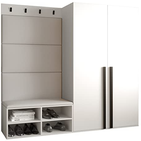 MEBLE KRYSPOL Garderobe MIRO Set 5 mit gepolsterten Paneelen Modern Design (weißes Öko-Leder, Weiß Matt + Schwarz Matt)